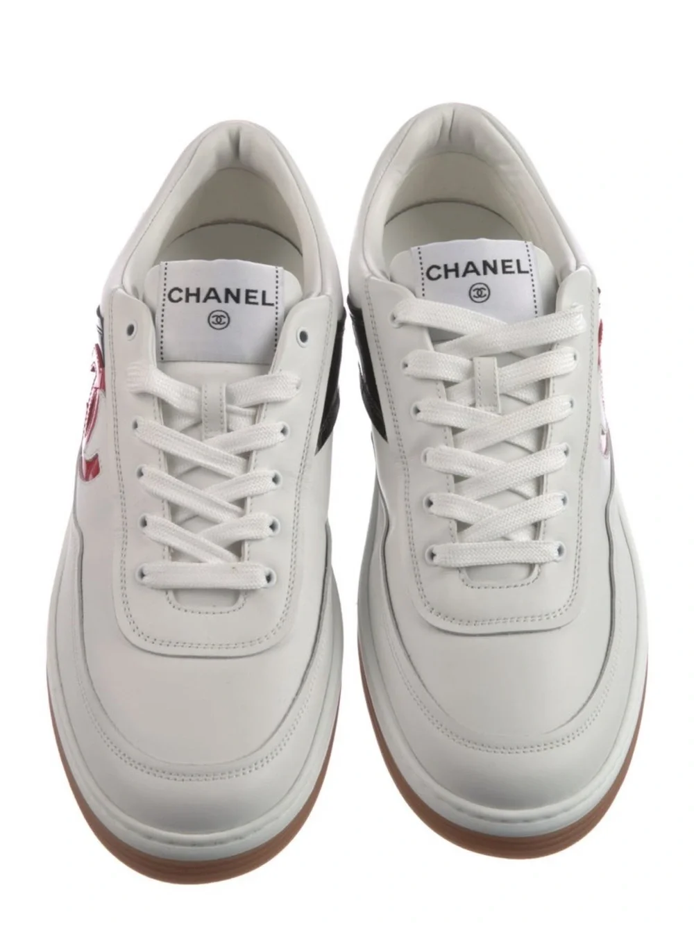 CHANEL White Leather Sneakers with Red CC and Black Panel
